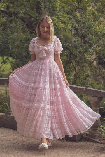 Pink Puff Sleeve Lace Layered Maxi Dress