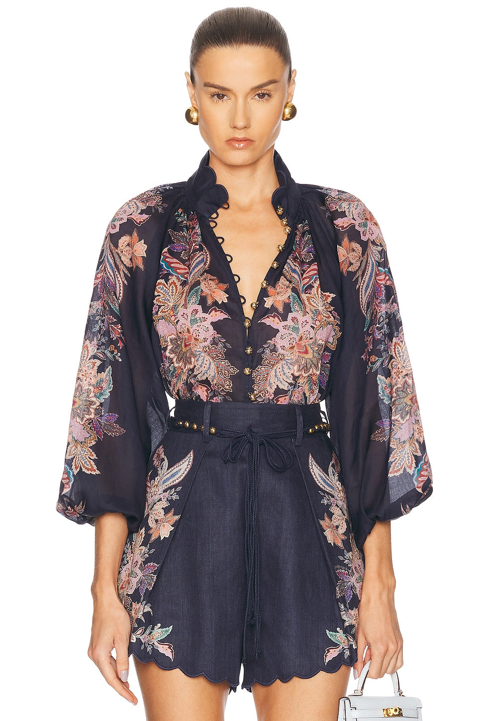 Navy Floral Print Shirt and Denim Shorts Set