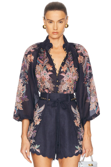 Navy Floral Print Shirt and Denim Shorts Set