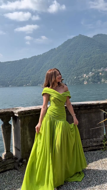 Lime Green Off - Shoulder Ruched Maxi Gown Product Description