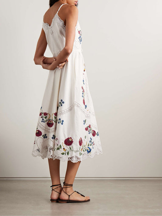 White Embroidered Lace - Up Midi Dress