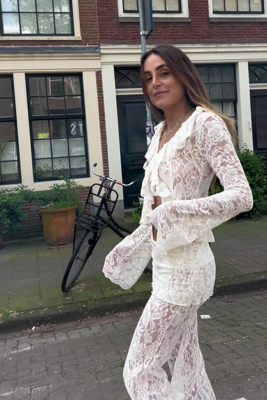 White Lace Bell - Sleeve Top and Flared Pants Set