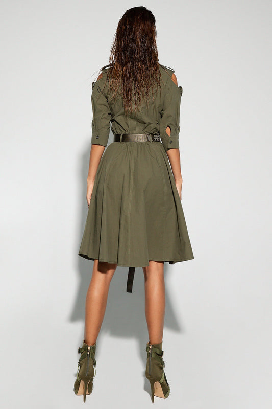 Olive Green Utility - Style Dress with Cut - Out Shoulders