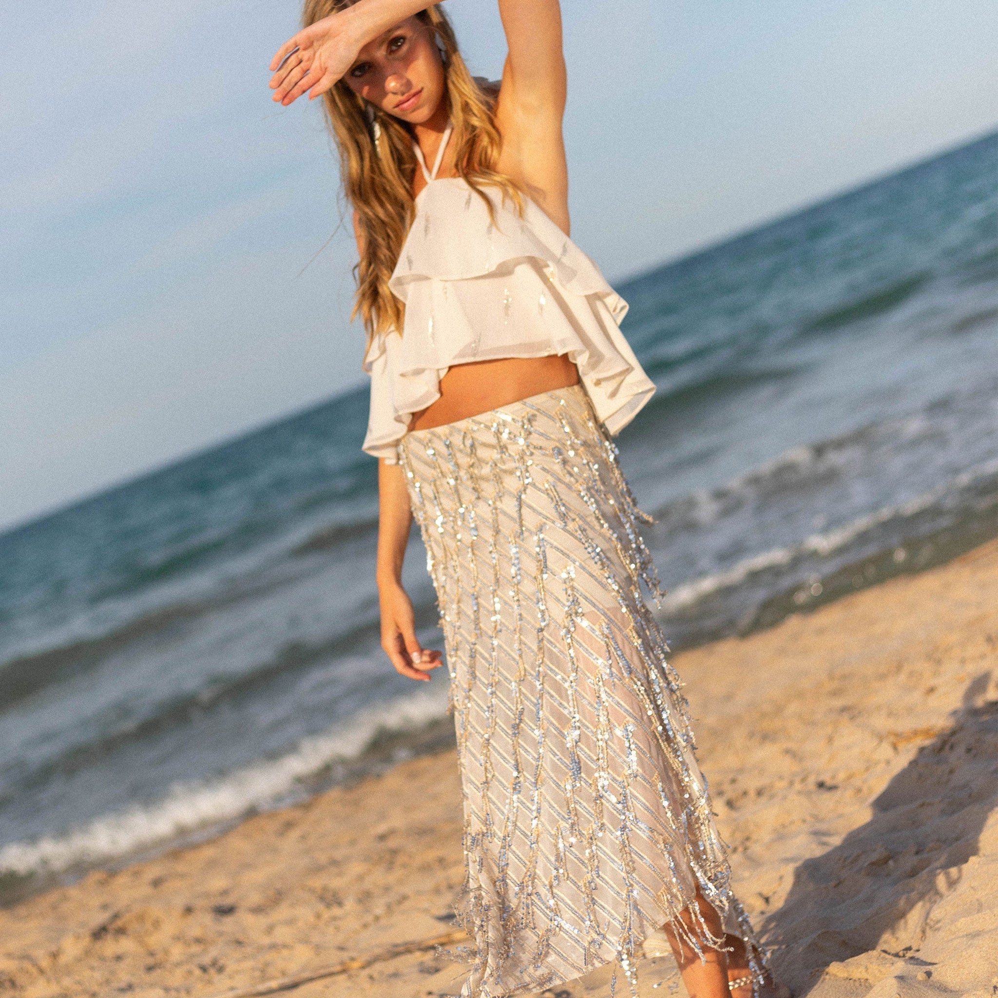 White Ruffled Halter Top & Sequin Midi Skirt Set