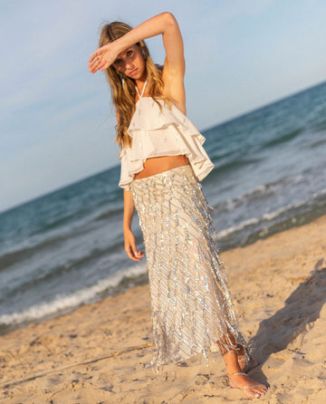 White Ruffled Halter Top & Sequin Midi Skirt Set
