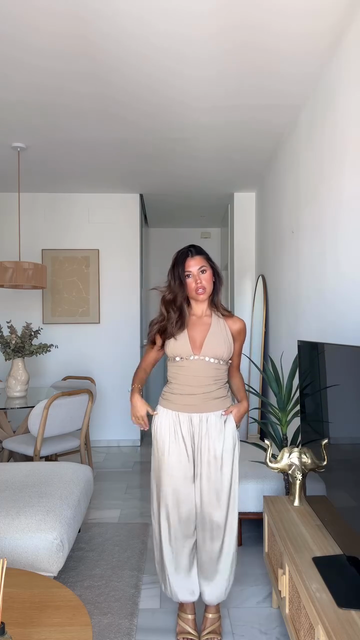 Beige Halter - Neck Top with White Harem Pants