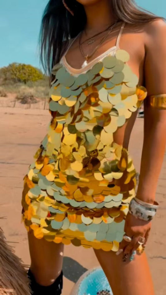 Gold Sequin Spaghetti Strap Mini Dress