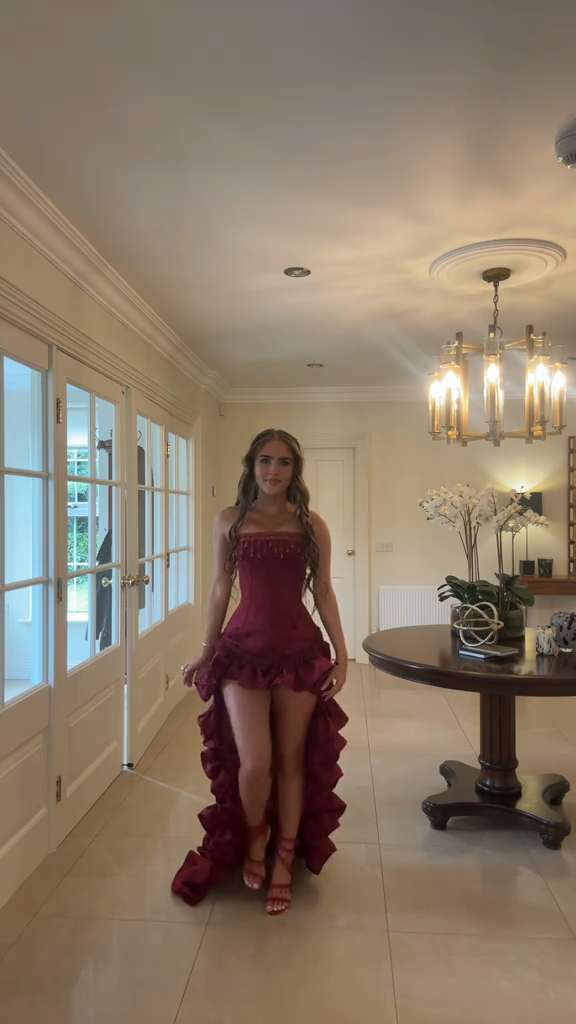 Burgundy Strapless High - Low Ruffled Gown