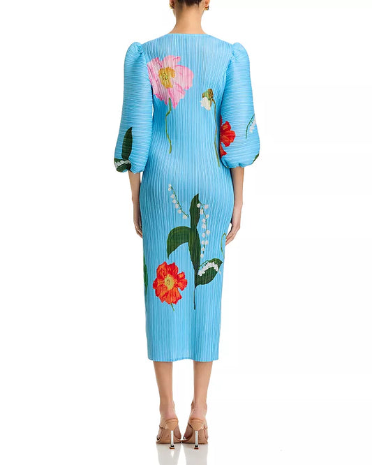 Pleated Floral Print Puff Sleeve Midi Dress
