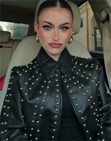 Black Studded Faux Leather Jacket with Collar