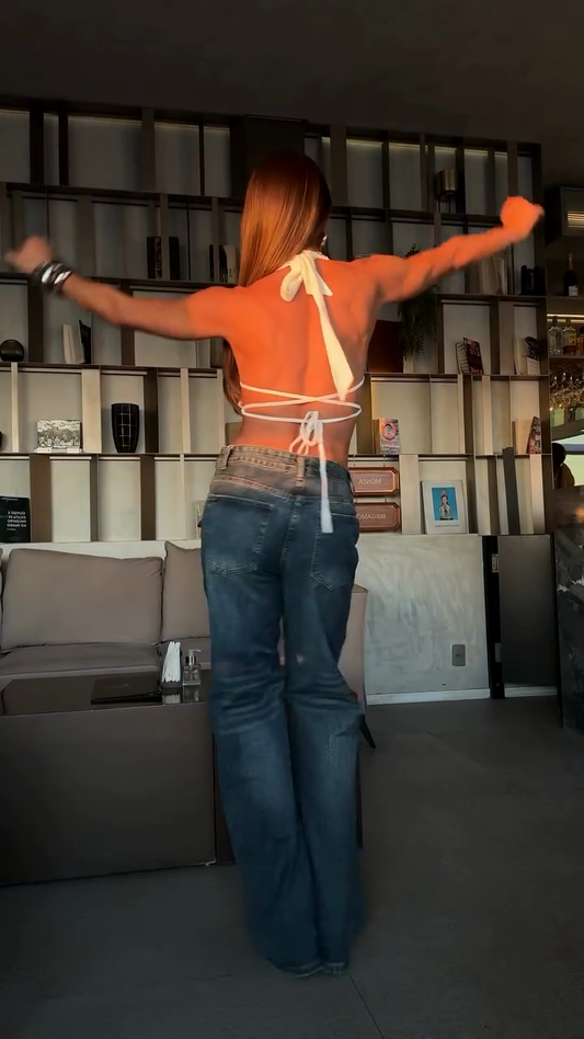 Rhinestone - Embellished Denim & Halter Crop Top Set