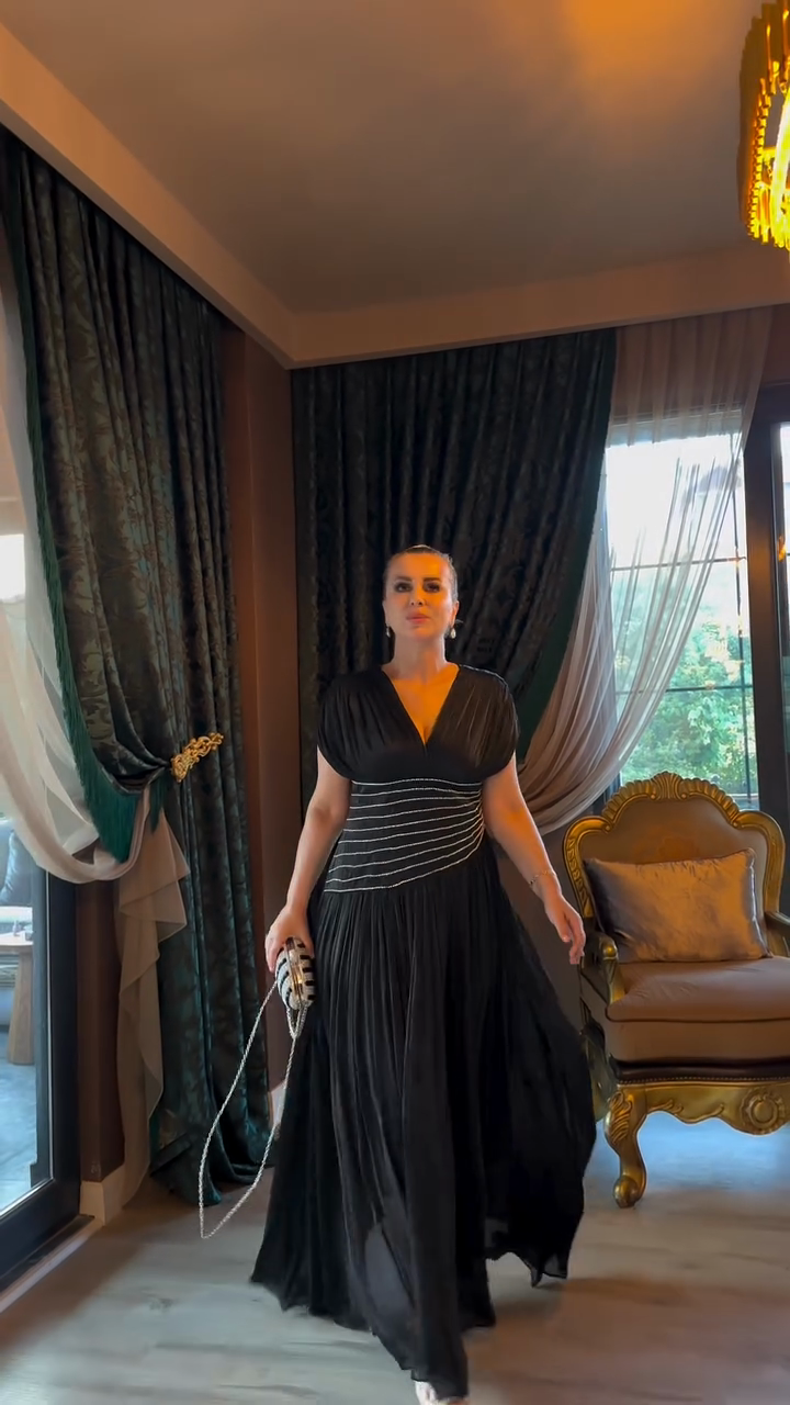 Black V-neck Silver Stripe Pleated Maxi Dress