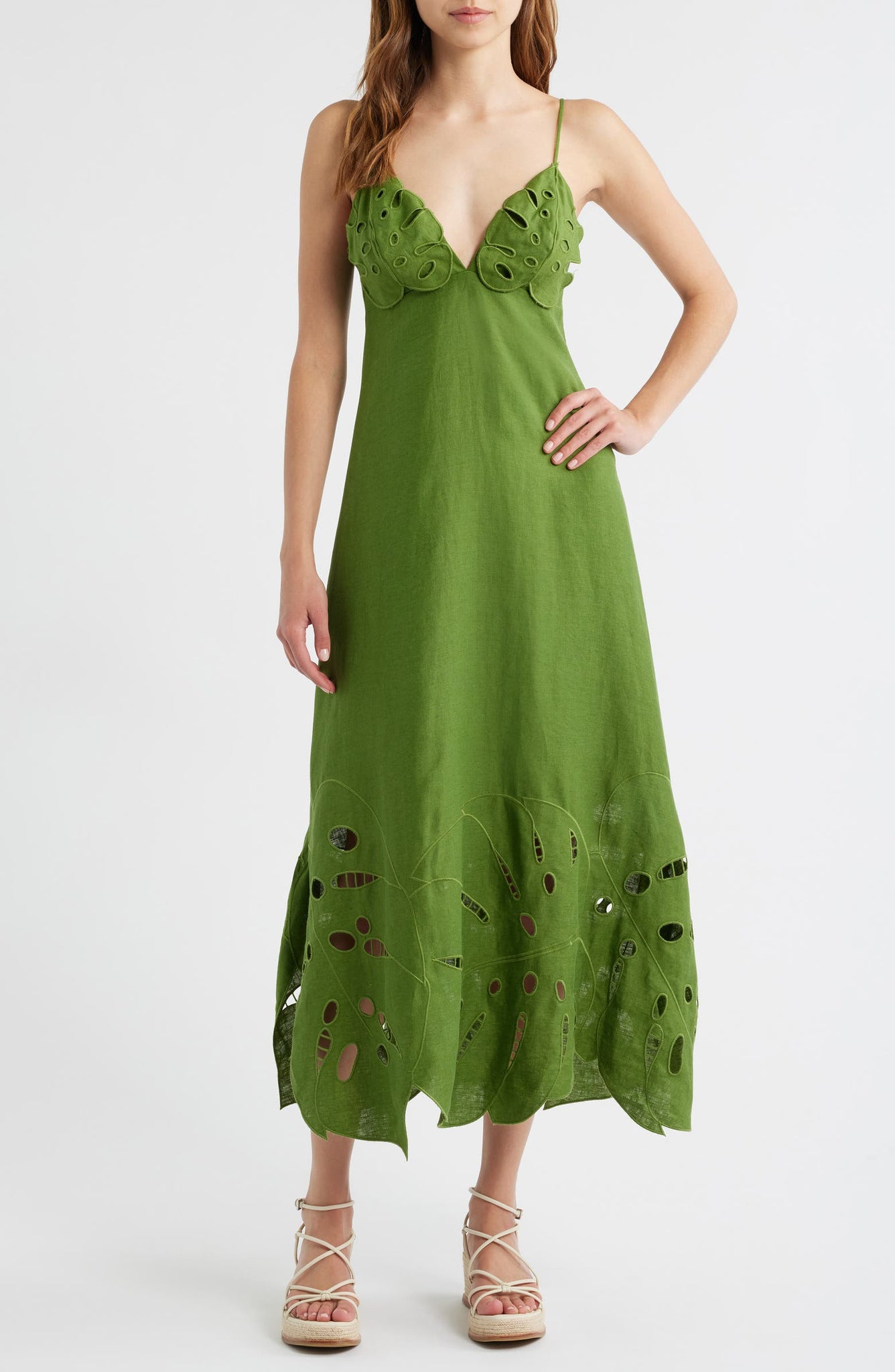 Green Cut - out Spaghetti - Strap Midi Dress
