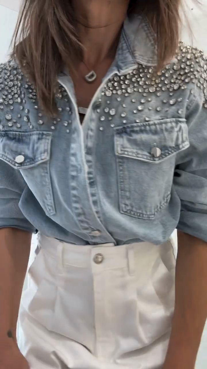 Denim Shirt Jacket with Rhinestone-Embellished Shoulders