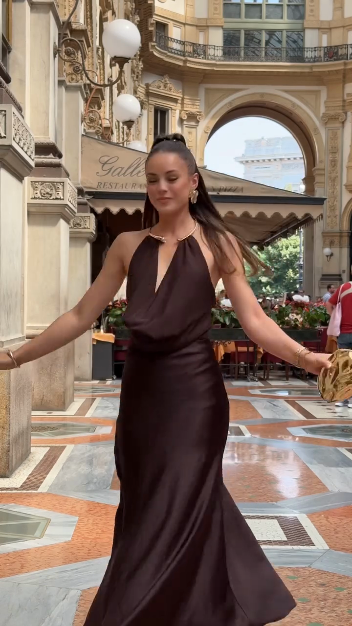 Chocolate Brown Satin Halter Maxi Dress