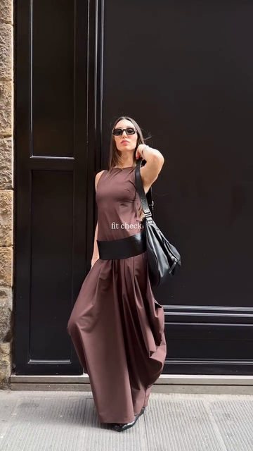 Brown Sleeveless Black Belted Maxi Dress