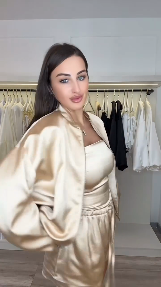 Gold Satin Bomber Jacket & Shorts Set