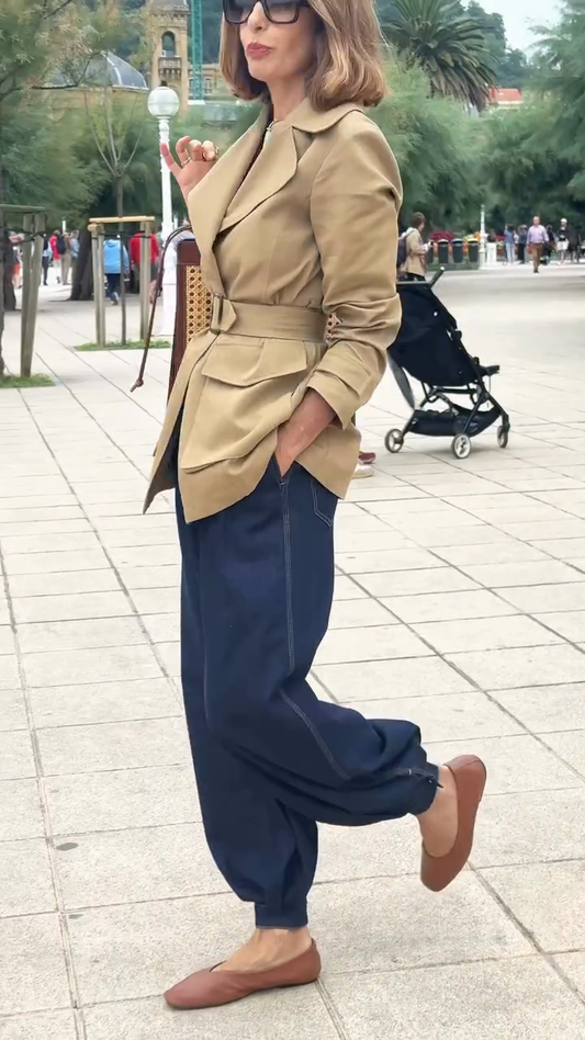 Beige Belted Trench Coat with Pockets