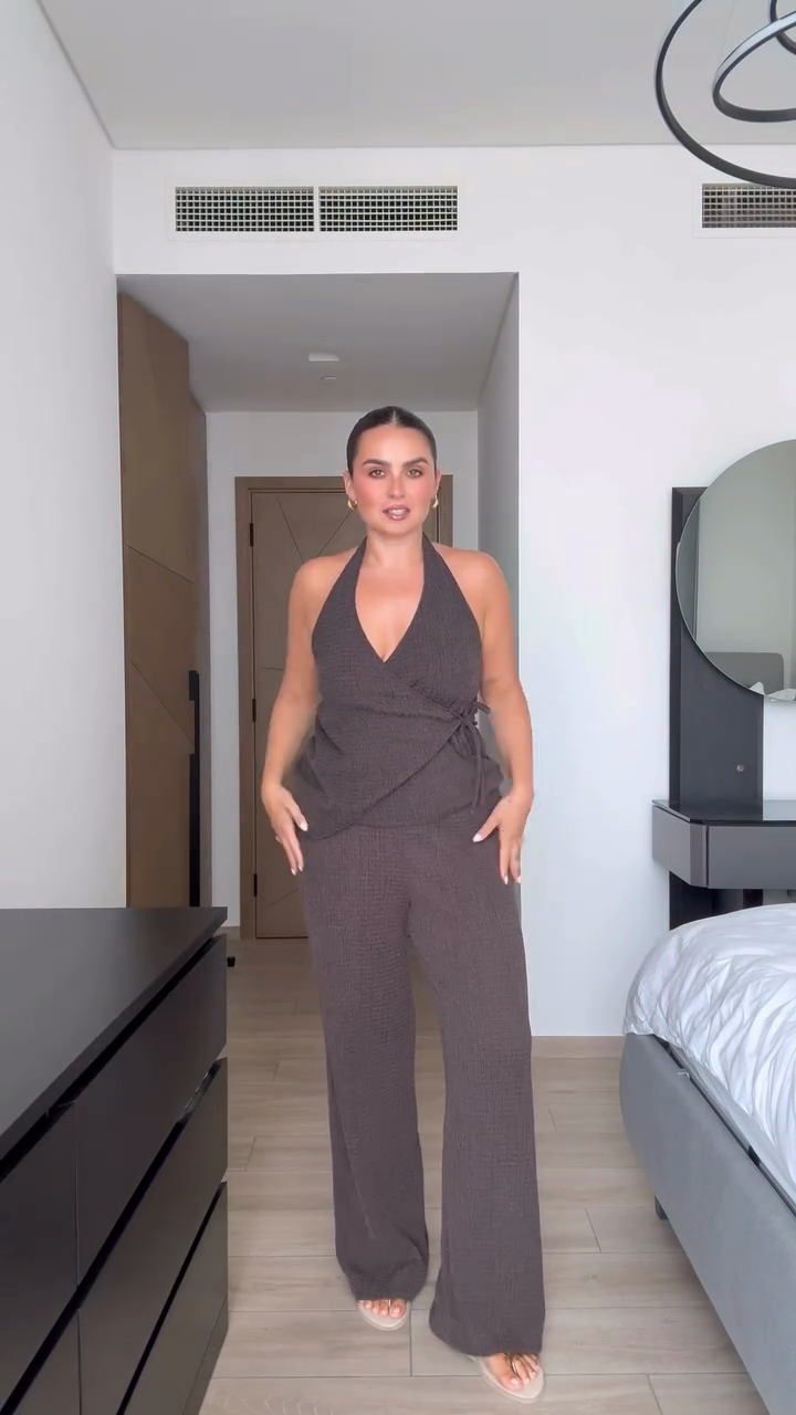 Brown Halter Top and Wide - Leg Pant Set