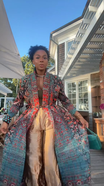 Patterned Long Coat with Wide Leg Trousers