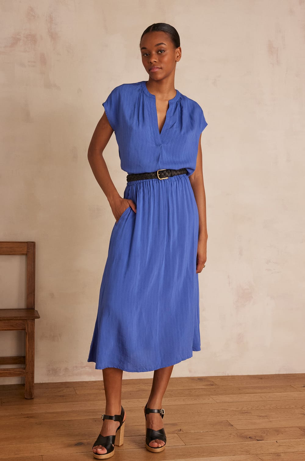 Blue Linen Top and Midi Skirt Set