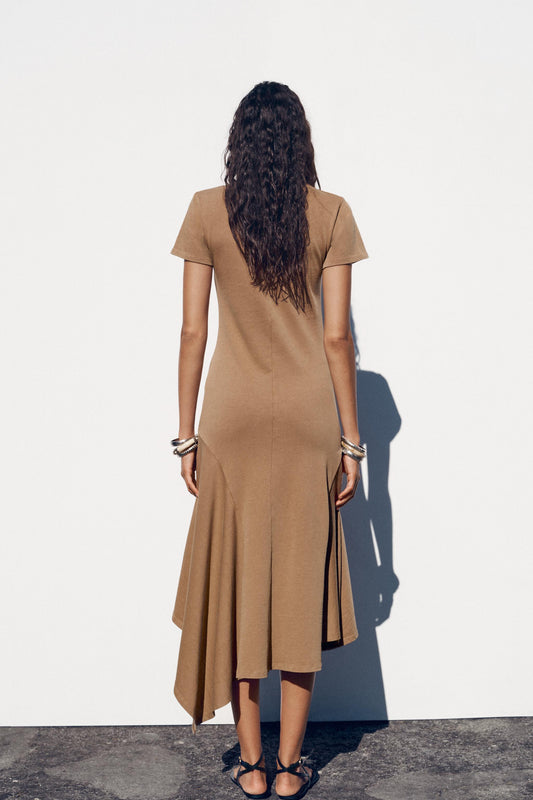 Asymmetric Hem Tan Midi Dress