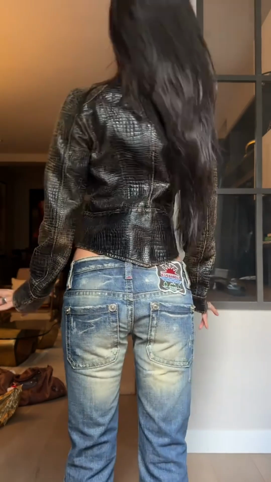 Black Crocodile Embossed Leather Jacket