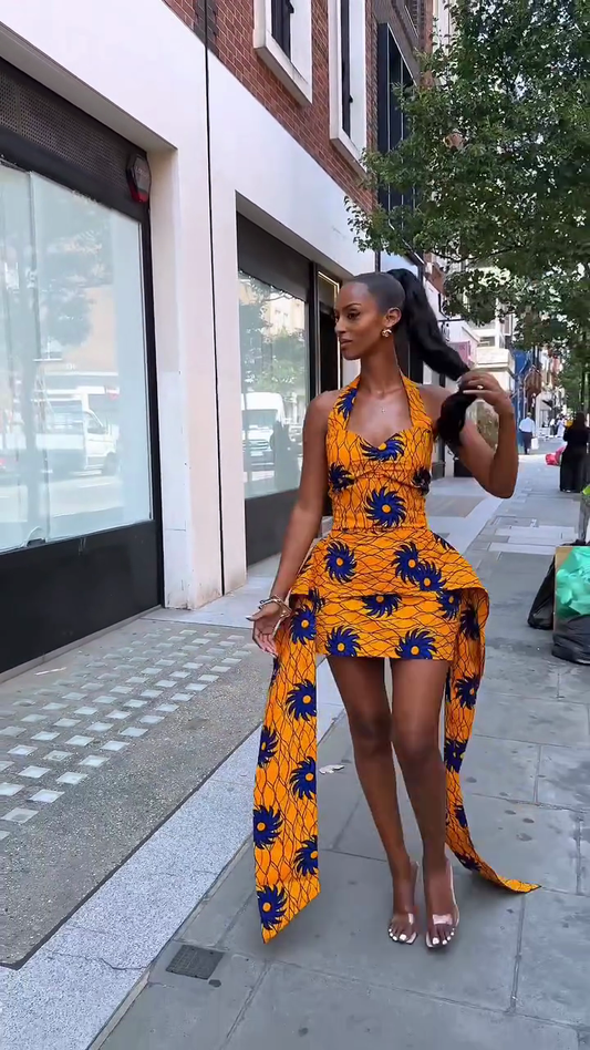 Orange and Blue Floral Print Halter Mini Dress