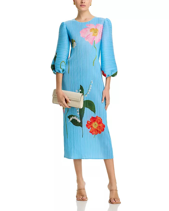 Pleated Floral Print Puff Sleeve Midi Dress