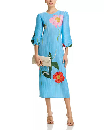 Pleated Floral Print Puff Sleeve Midi Dress