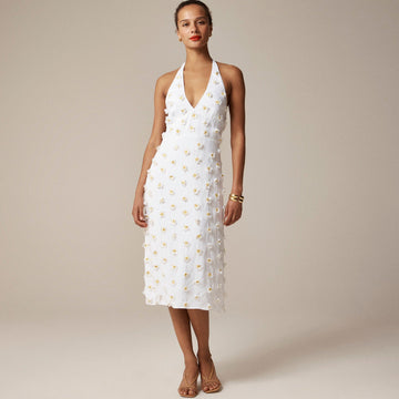 White Halter Midi Dress with Daisy Embellishments