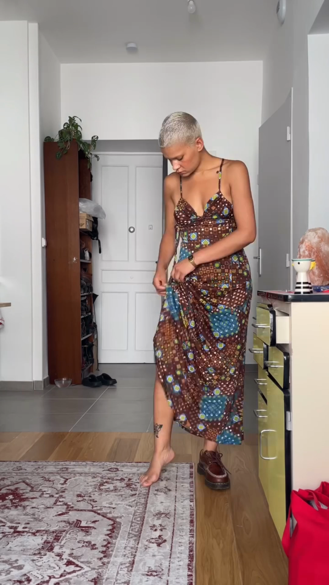 Brown Patterned Spaghetti - Strap Maxi Dress