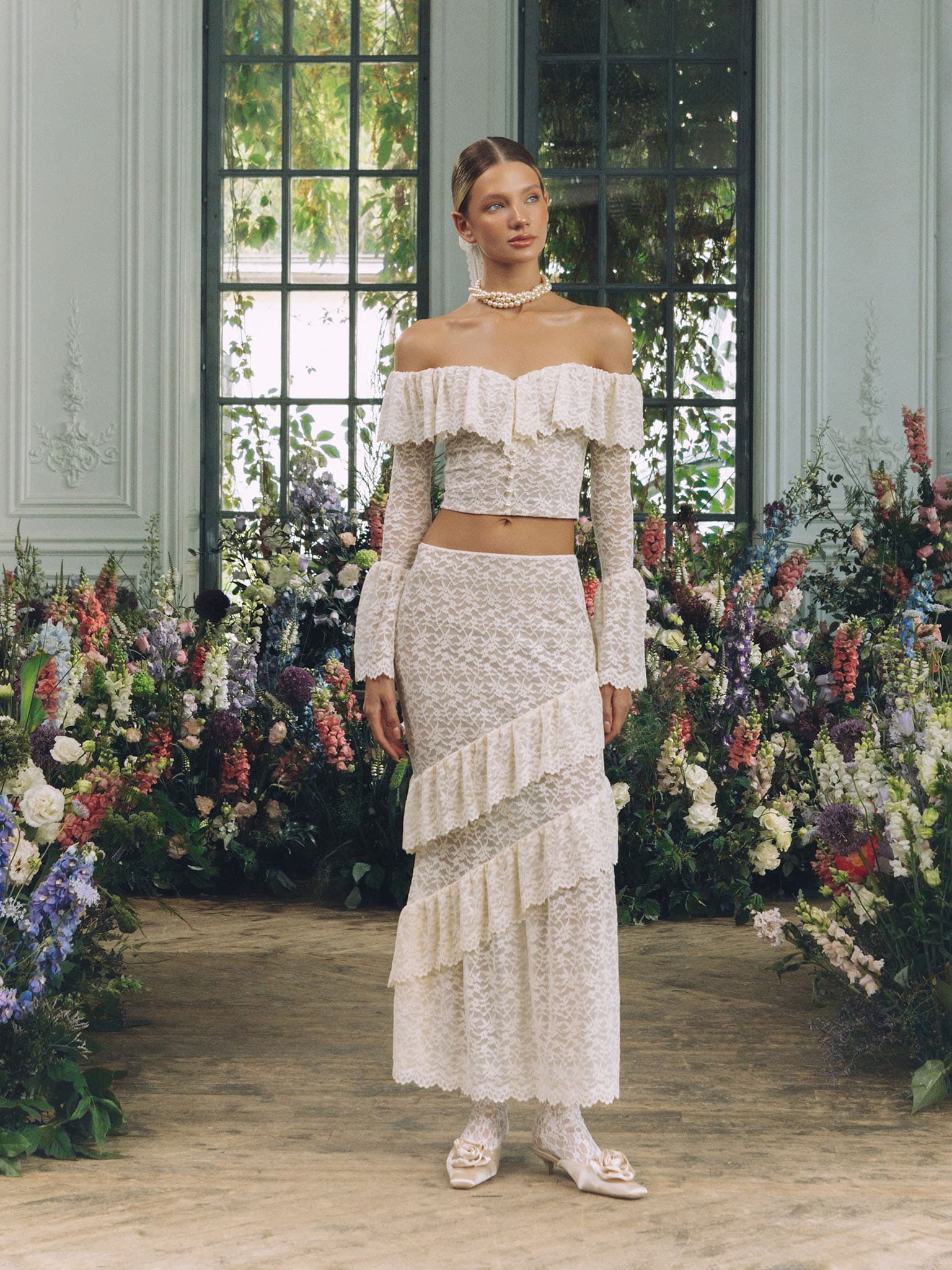 Lace Off - Shoulder Two - Piece Bridal Set