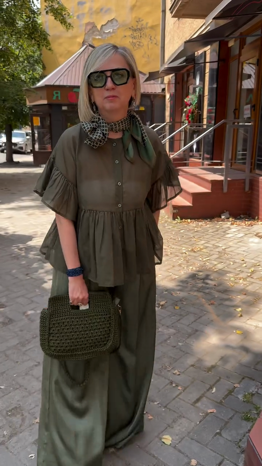 Olive Green Sheer Peplum Top & Wide - Leg Pants Set
