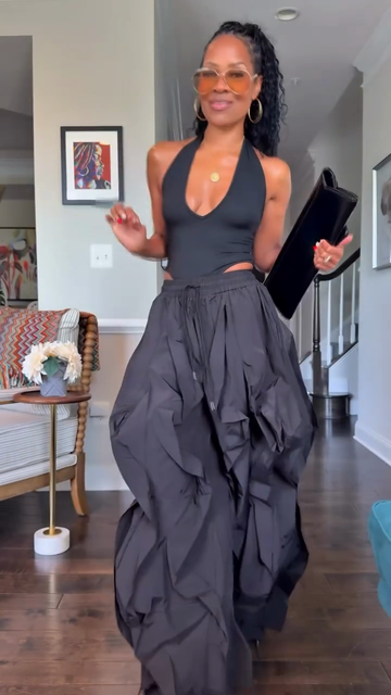 Oversized Black Ruffled Wide - leg Pants
