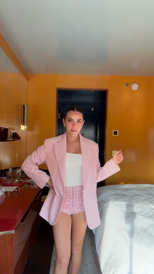 Pink Oversized Blazer, White Tube Top & Embellished Shorts Set
