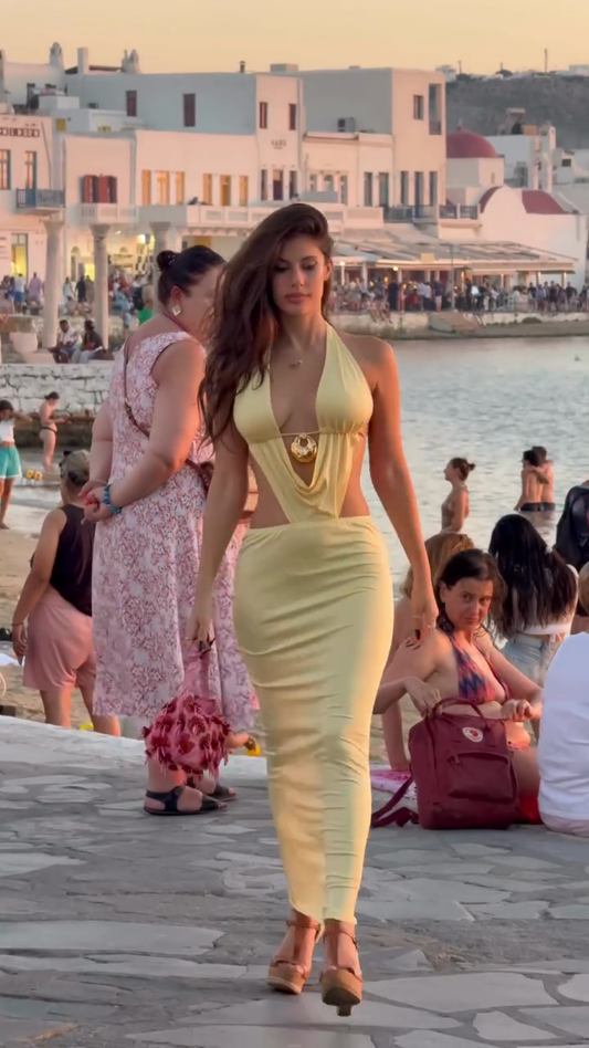 Lemon - Yellow Halter Cut - Out Maxi Dress