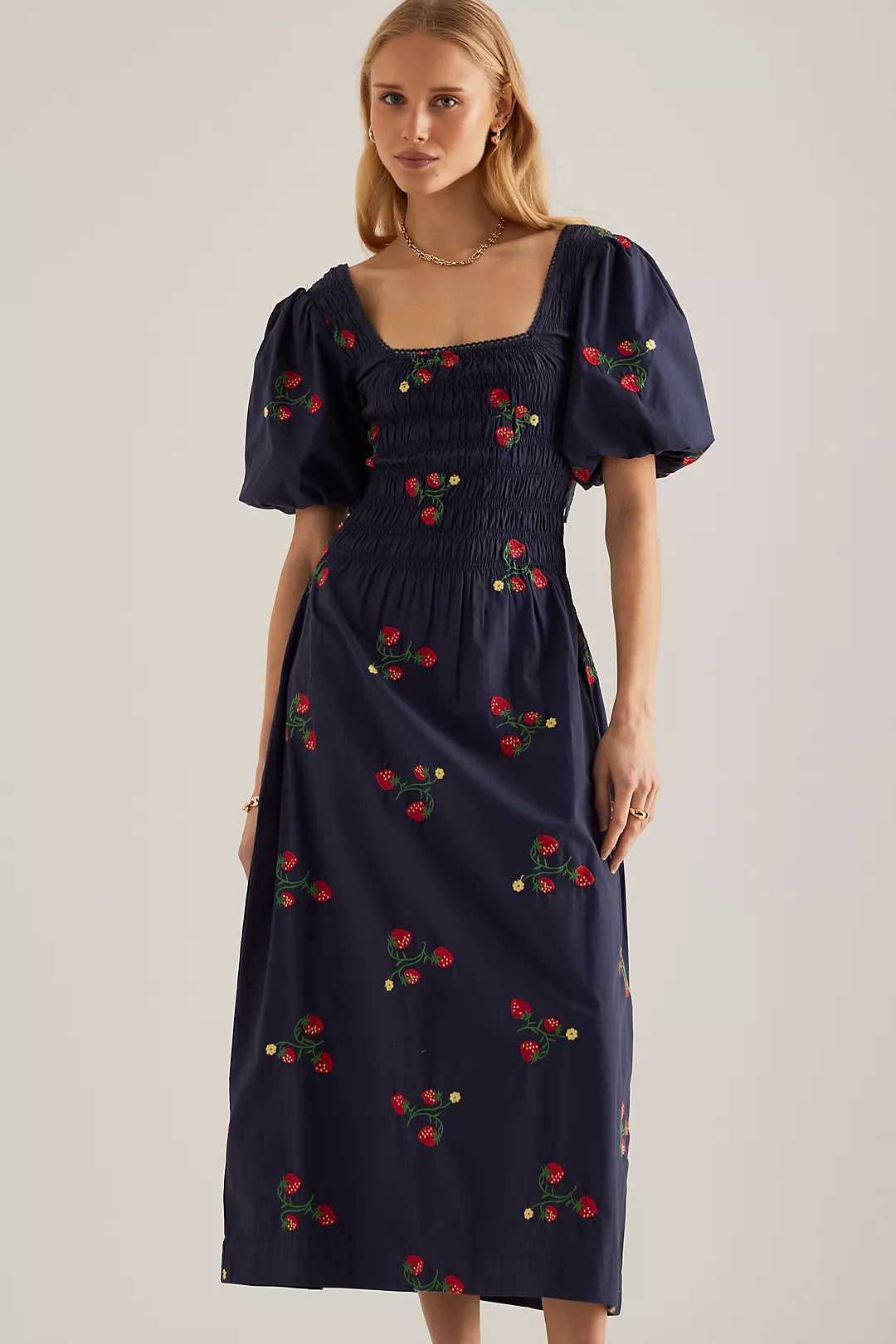 Navy Strawberry - Embroidered Puff Sleeve Midi Dress