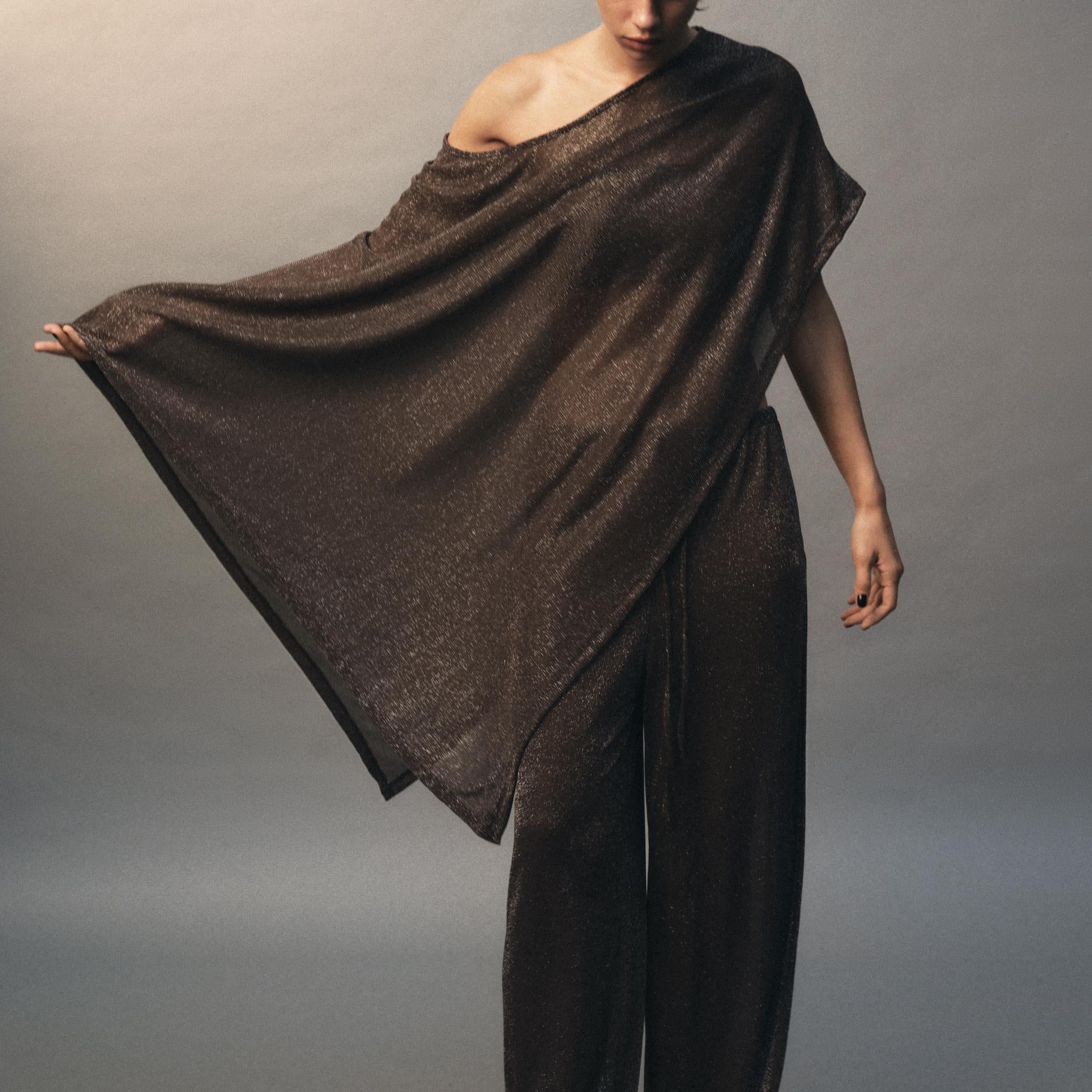 One - Shoulder Metallic Brown Co - ord Set