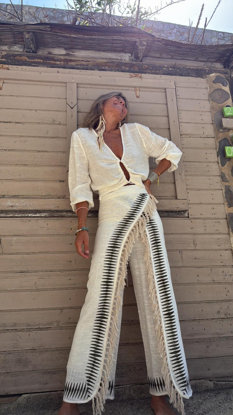 Bohemian White Linen Fringe Set