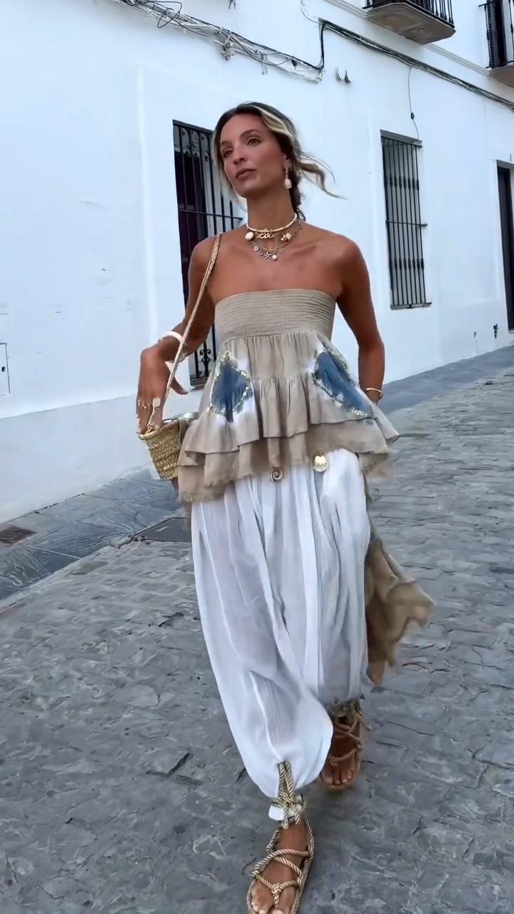 Beige Ruffled Strapless Top and White Harem Pants Set