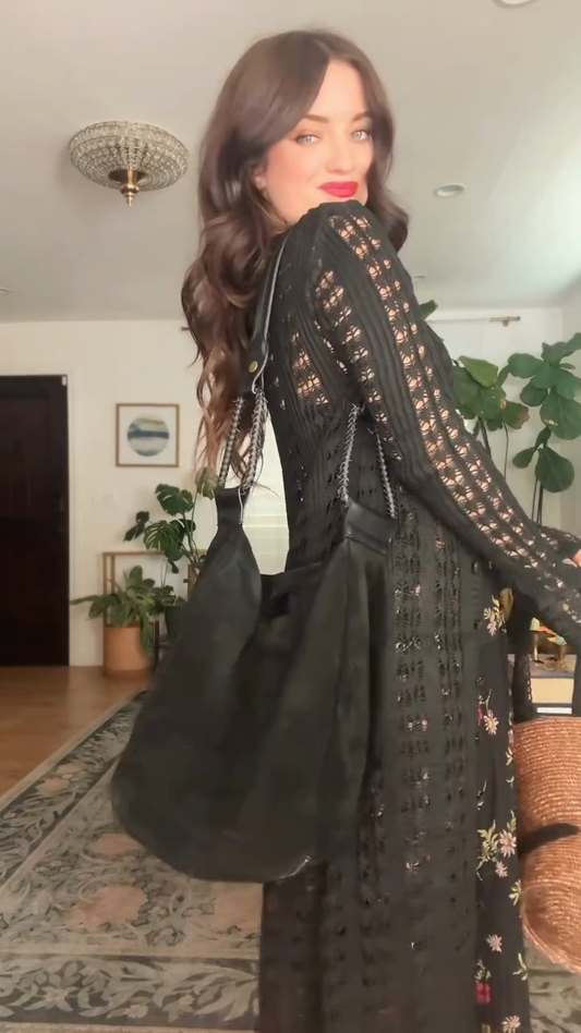 Black Crochet Cardigan and Floral Maxi Skirt Set