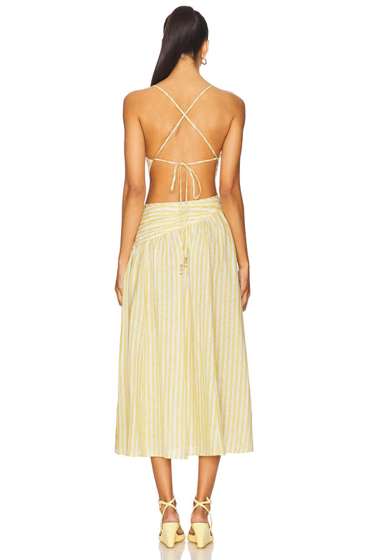Yellow Striped One - Shoulder Midi Dress