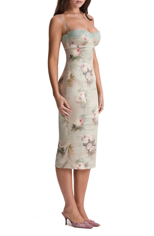 Floral Print Lace - Trimmed Midi Dress