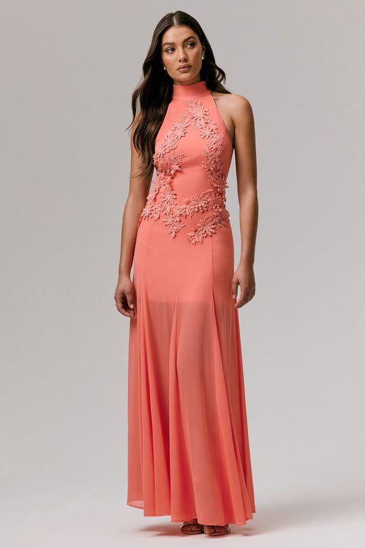 Coral High - Neck Embroidered Gown