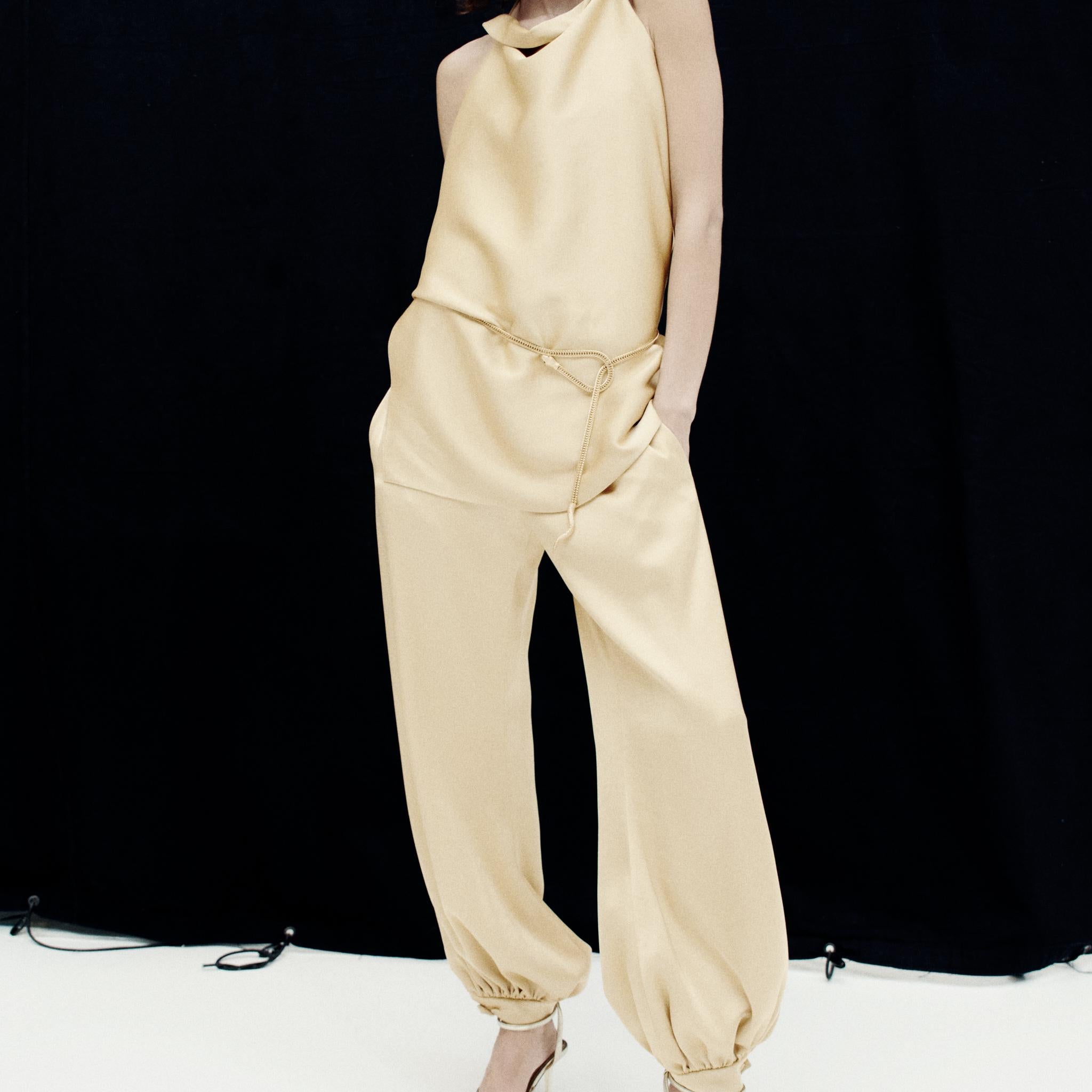 Beige Satin Halter Neck and Lantern Pants Set