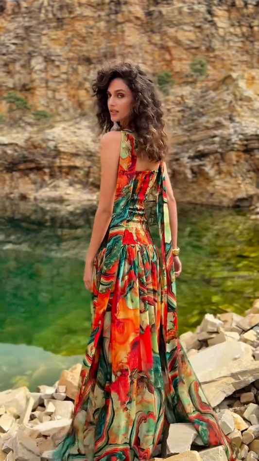 Colorful Printed Halter Neck Maxi Dress