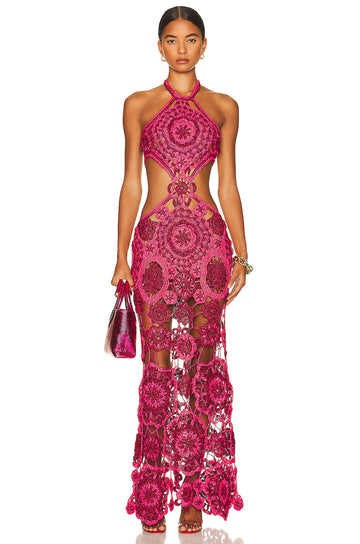 Hot Pink Crochet Halter Maxi Dress