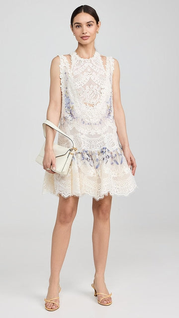 White Floral - Lace Sleeveless Mini Dress