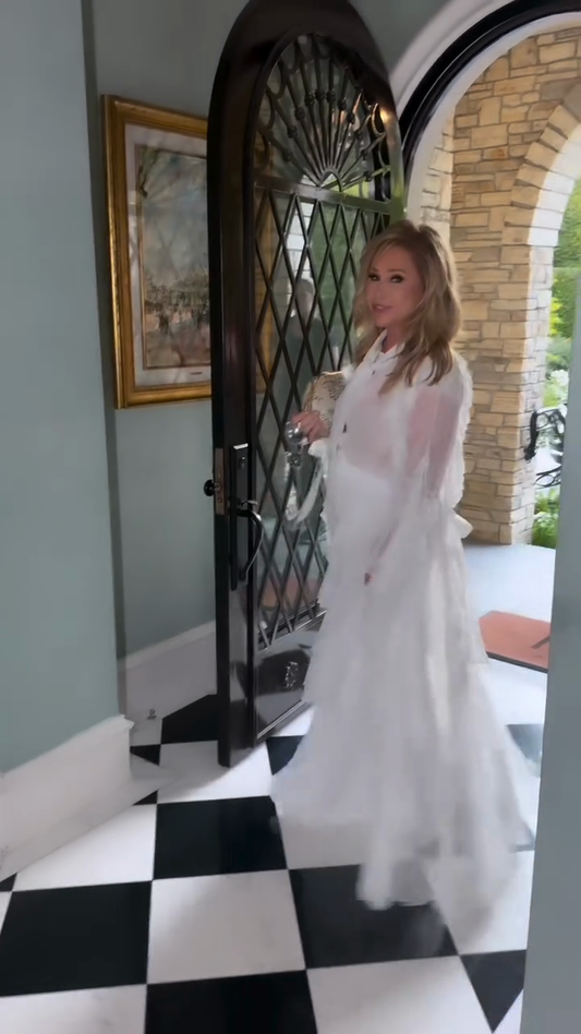 White Sheer Ruffled Cape - Style Top and Pants Set